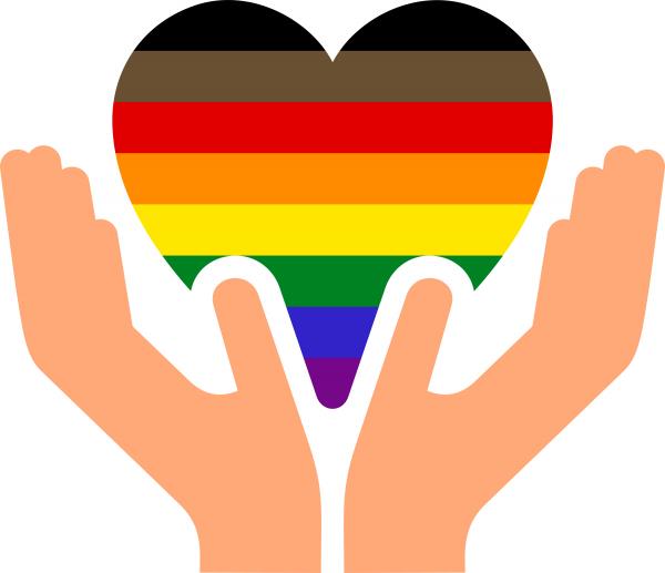 A graphic showing a pair of hands holding a multi-coloured love heart to represent support for the LGBTQI+ community.
